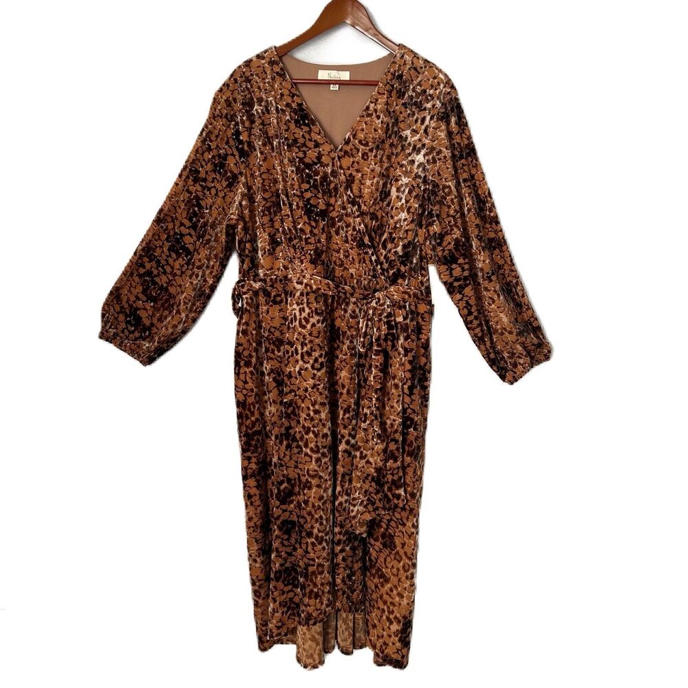 Nurture Dress Women 2X Brown Velvet Burnout Faux Wrap Midi Plus Boho Cottage NWT
